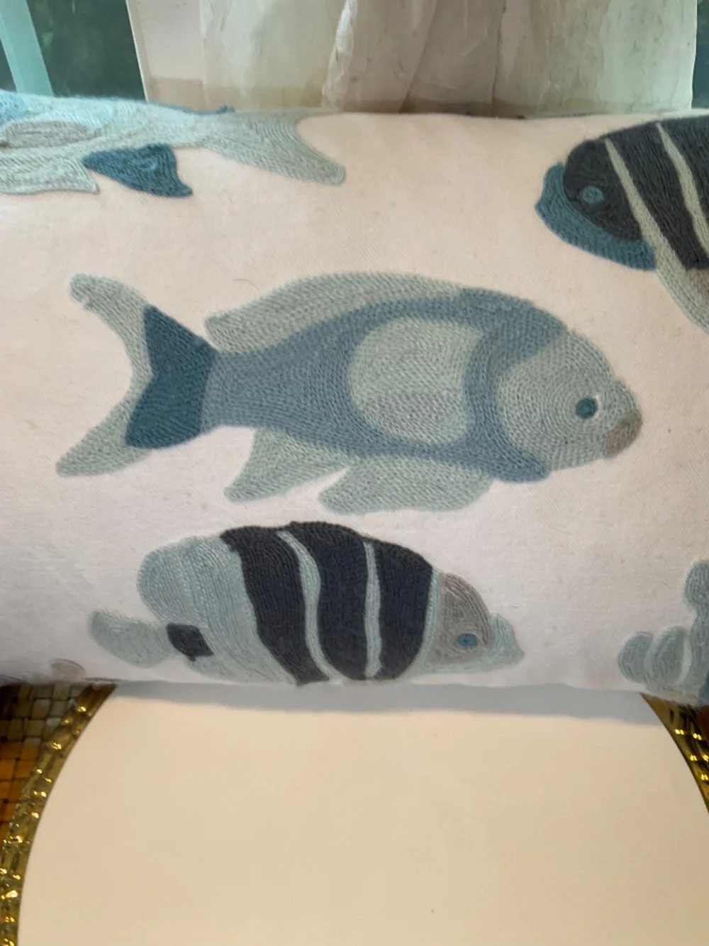 Blue & White Embroidered Knitted Fish Throw Pillow